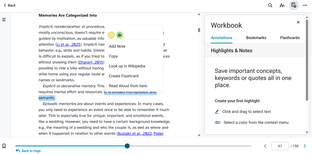 Image shows the menu to add a note, highlight in yellow or green, copy, look up in Wikipedia, create a flashcard or have the device start reading the text aloud.