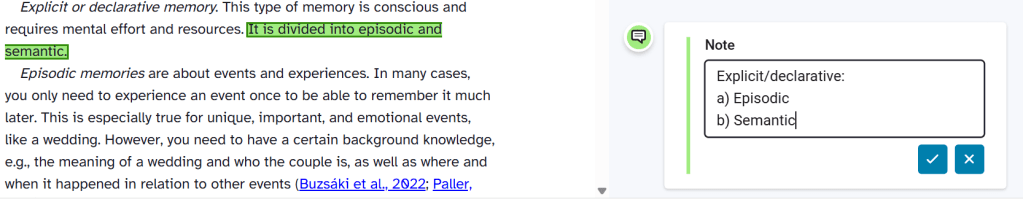 Image shows a note added to a highlighted text. The note shows up on a right side column next to the text.
