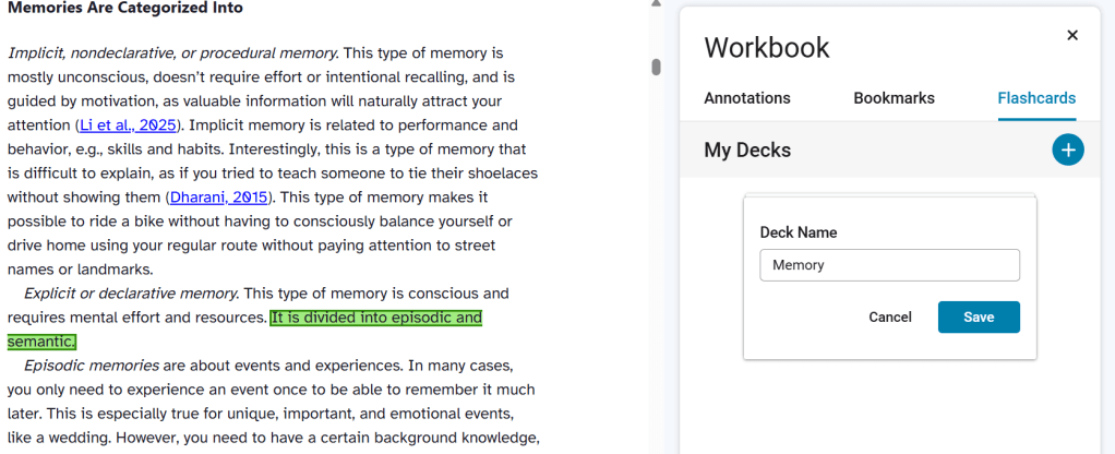 Before creating a flashcard, I was prompted to create a deck, in this case I called it memory.