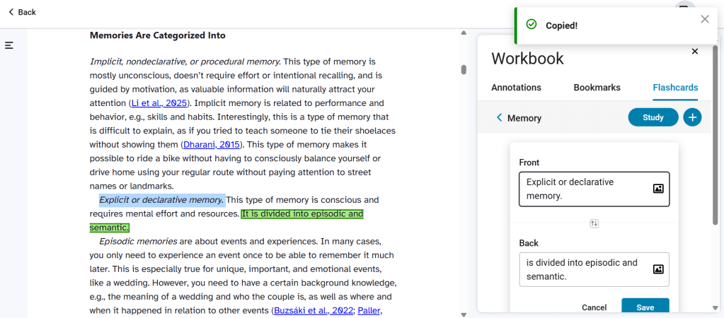 Image shows the text on the left, with my originally highlighted text in green. On the right side of the page is a menu with text boxes for the front and back of the flashcard. The back is populated with the text I originally highlighted. I then selected text for the front, copied it and pasted it. After clicking save the deck and flashcard are ready to be used.
