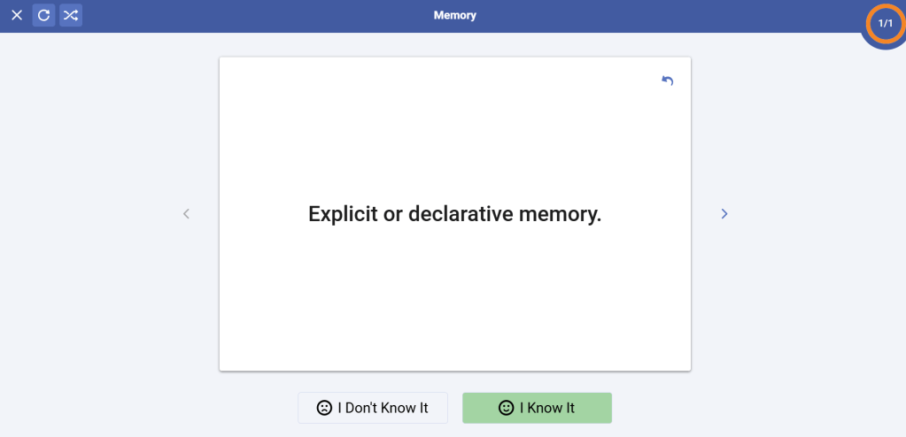 Image shows a separate website that only shows the front of one flashcard. Clicking on the image shows the back, and I can grade myself below with "I don't know it" or "I know it."
