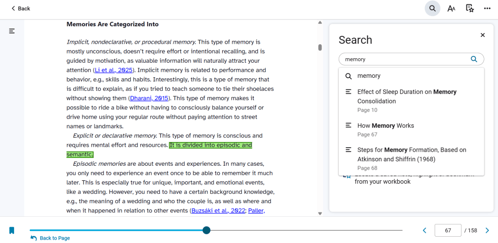 Image shows the search tool, which appears on the right side column, when clicking on the magnifier glass icon on the upper right corner of the webpage. The image also shows three results, pages where "memory" appears.