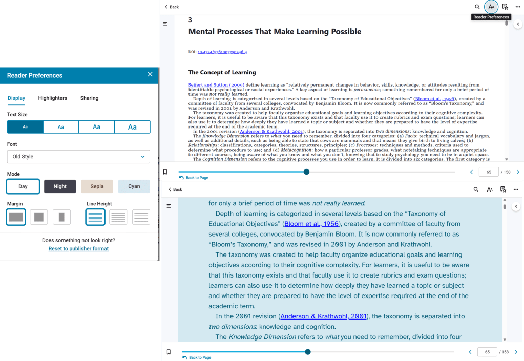Image shows the dialogue box showing the different modifications available: font size and type, color of the page, width of the margin and line height.