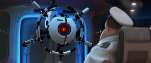 Image showsWALL-E's ship captain, talking with "AUTO," the steering wheel controlling Axiom, the spaceship in WALL-E.